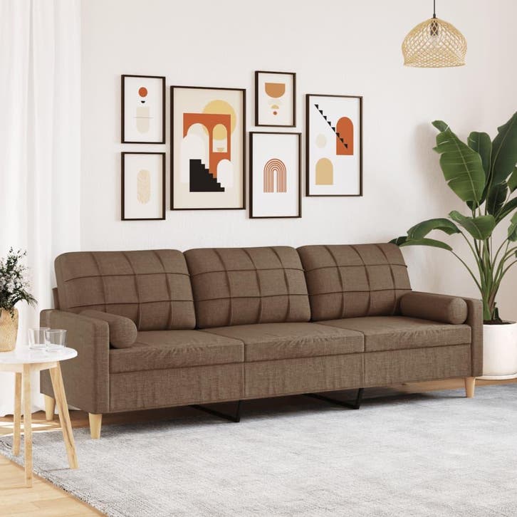 vidaXL Driezitsbank met sierkussens 210 cm stof bruin, Huis en Inrichting, Zetels | Zetels, Nieuw, Verzenden