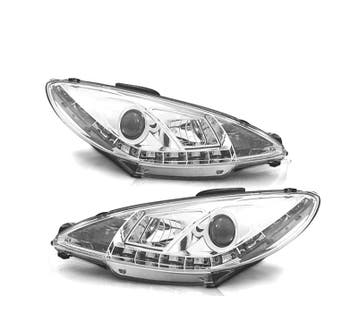 PHARES PEUGEOT 206 98-08 FEUX DE JOUR LED RÉELS FOND CHROME, Verzenden