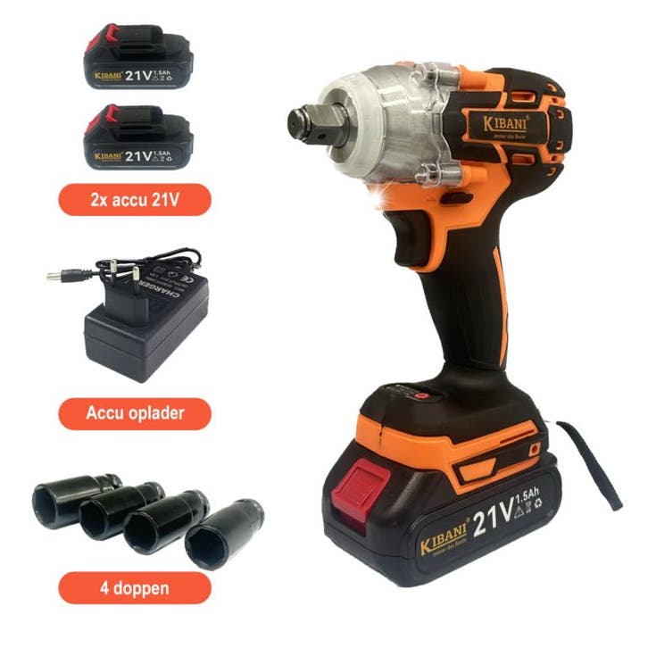 Kibani Accu Slagmoersleutel 21V - Inclusief 2 Accus 1500mAh, Tuin en Terras, Hand-tuingereedschap, Nieuw