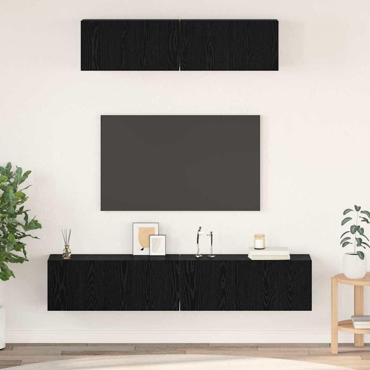 vidaXL Tv-meubelset Wandgemonteerd 4 pcs Zwart Eiken Bewerkt, Huis en Inrichting, Kasten |Televisiemeubels, Nieuw, Verzenden
