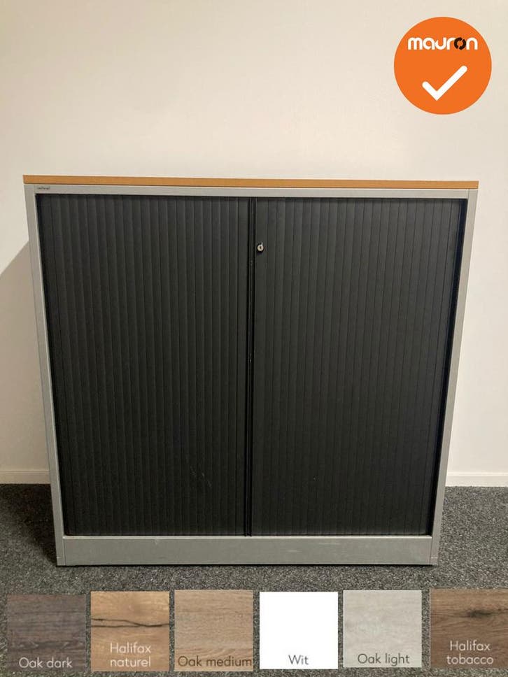 Roldeurkast - Ahrend - 110x120x45cm - Zilvergrijs met zwarte, Articles professionnels, Aménagement de Bureau & Magasin | Mobilier de bureau & Aménagement