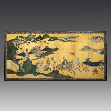 Vouwscherm met Chinese en Japanse taferelen - Papier, hout,