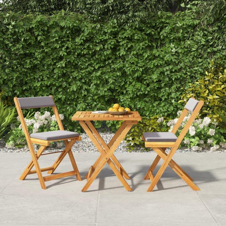 vidaXL 3-delige Bistroset inklapbaar met kussens massief, Tuin en Terras, Tuinsets en Loungesets, Nieuw, Verzenden