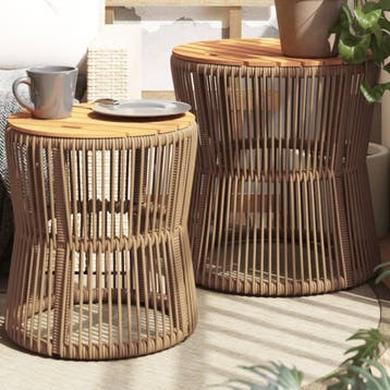 vidaXL Tuinbijzettafels 2 st met houten blad poly rattan, Tuin en Terras, Tuintafels, Verzenden, Nieuw