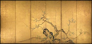 Un paravent japonais à six panneaux, arborant un vieux