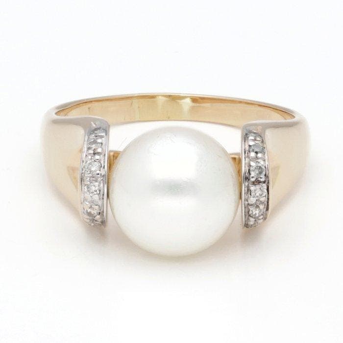 Ring - 18 karaat Geel goud Parel - Diamant, Bijoux, Sacs & Beauté, Bagues