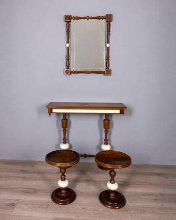 Spiegel - Hout, Glas - Spiegel, console en twee krukken, van, Antiek en Kunst