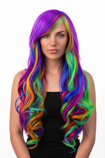 KIMU® Regenboog Pruik Lange Gekleurde Pruik Schuine Pony Uni, Ophalen of Verzenden, Nieuw