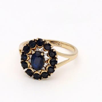 Bague - 14 carats Or jaune - Diamant - Saffier, Handtassen en Accessoires, Ringen, Nieuw