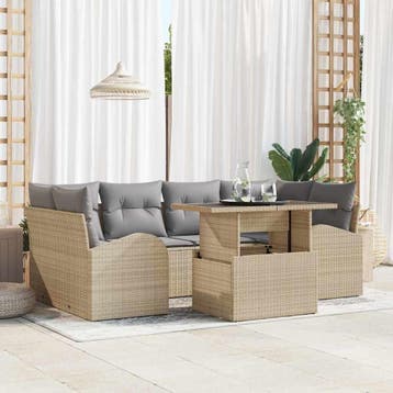 vidaXL Tuinbank Set 7 st Beige Poly Riet, Verzenden, Nieuw