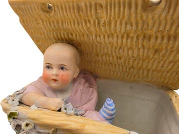 Figure - Biscuit Porcelain Baby in Basket Trinket Box -