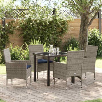 vidaXL Tafel en stoelen set met kussen 5 pcs Grijs PE Riet, Verzenden, Nieuw
