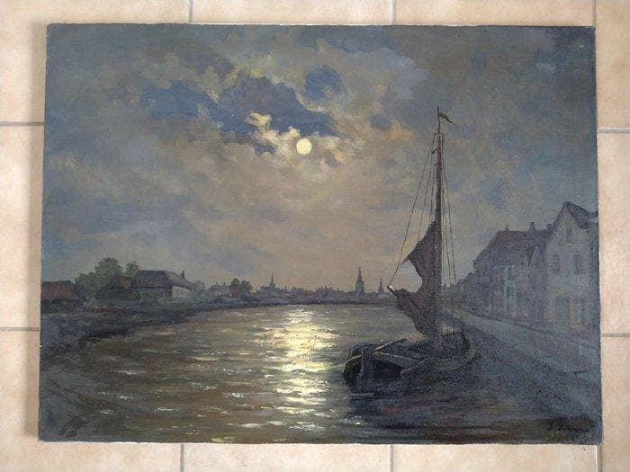 Jules Sarre (?-1972) - Nacht in de haven, Antiek en Kunst, Kunst | Schilderijen | Klassiek