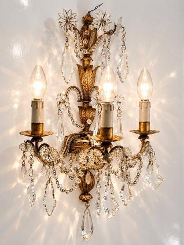 Grand Italian Gilt Iron & Cut Crystal 3-Light Wall Appliqué