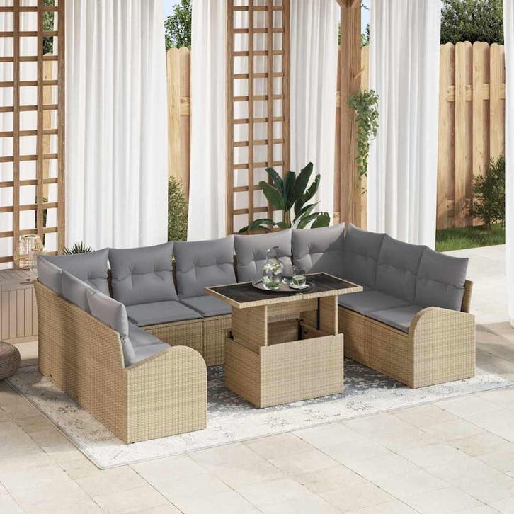 vidaXL Tuinbank Set met kussen met opslag 10 pcs Beige Poly, Tuin en Terras, Tuinsets en Loungesets, Nieuw, Verzenden
