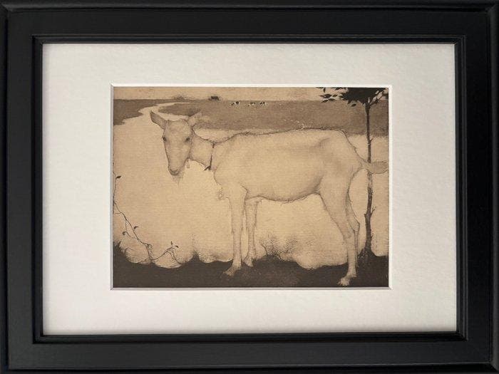 Jan Mankes (1889-1920) - Oude geit bij meer, Antiquités & Art, Antiquités | Autres Antiquités