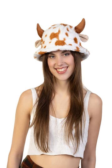 KIMU® Buckethat Koe Bruin Wit Fleece Hoed Hoorns Oren Vlekke, Kleding | Dames, Hoeden en Petten, Ophalen of Verzenden, Nieuw