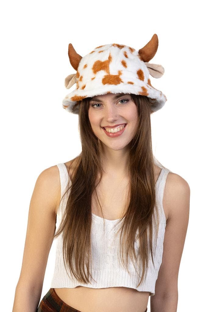 Buckethat Koe Bruin Wit Fleece Hoed Hoorns Oren Vlekken Rund, Kleding | Dames, Hoeden en Petten, Nieuw, Ophalen of Verzenden