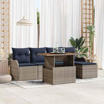 vidaXL Tuinbank Set 6 st Grijs en Marineblauw poly rattan, Verzenden, Nieuw