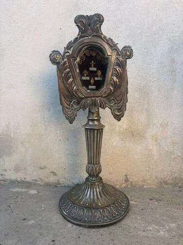 Reliekhouder - verzilverd koper, Glas, Textiel - 1850-1900 -