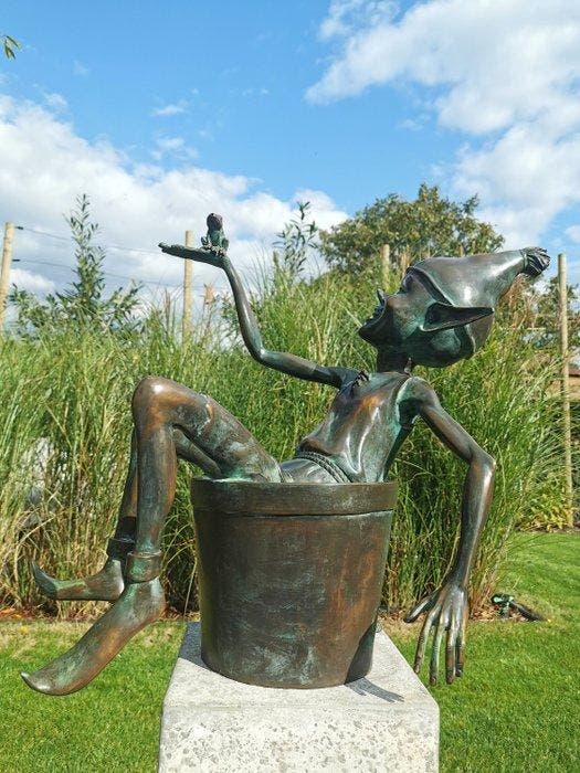 sculptuur, Fontein - pixie - kabouter - 50 cm - Brons, Antiquités & Art, Curiosités & Brocante