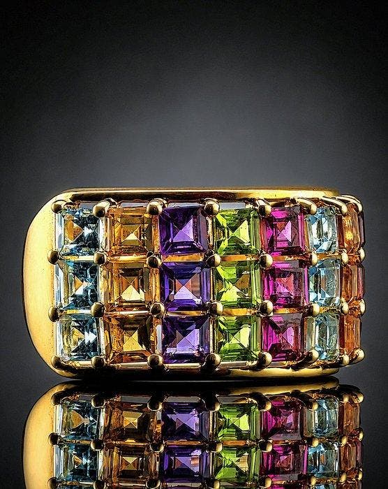 Princess Cut Rainbow Ring - Goud verguld 925 sterlingzilver, Antiquités & Art, Curiosités & Brocante