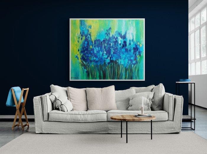 Myriam Carbonnier - Tableau Fleurs bleues, Antiquités & Art, Art | Peinture | Moderne