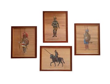 Stampe su compensato - Paneel (4) - Hout - Cavalieri -, Antiquités & Art