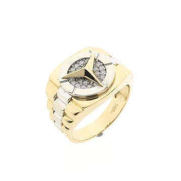 Bicolor gouden Mercedes Benz herenring met zirconia, Gebruikt, 19 tot 20, Heer, Ophalen of Verzenden