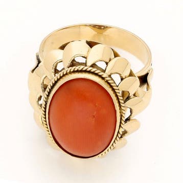 Bague - 18 carats Or jaune - corail rouge