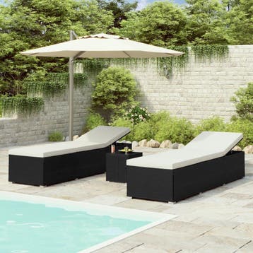 vidaXL 3-delige Ligbeddenset met theetafel poly rattan zwart, Verzenden