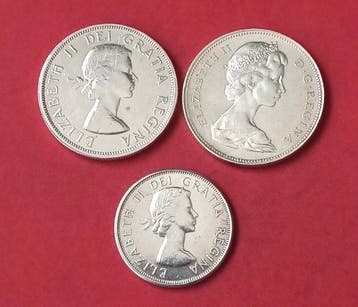 Canada. Dollar 1963 y 1964 + 1/2 Dollar 1962 (3 monedas), Postzegels en Munten