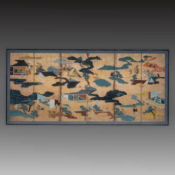 Vouwscherm  (byôbu) - Papier, Lak, Hout, Bladgoud - Japan