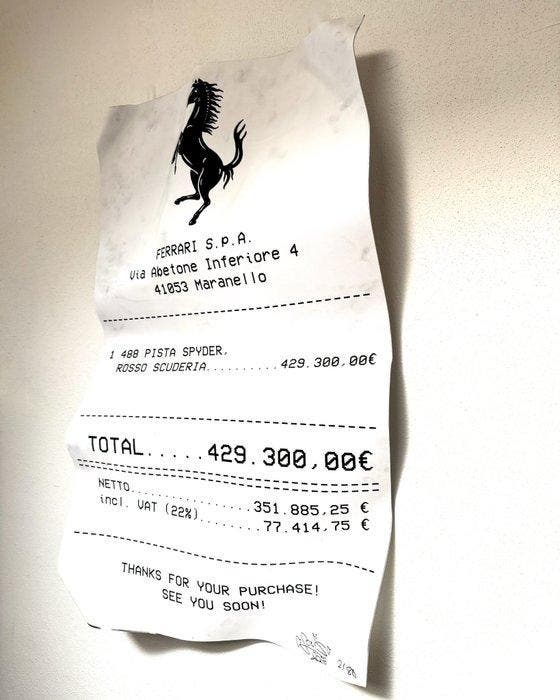 Louis Michel Krüger - Ferrari Reciept (Dirty), Antiquités & Art, Art | Objets design