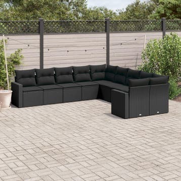 vidaXL 10-delige Loungeset met kussens poly rattan zwart, Verzenden