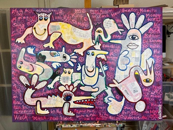 Fredi Gertsch - Das Leben ist wie eine Schachtel Pralinen -, Antiek en Kunst, Kunst | Schilderijen | Modern