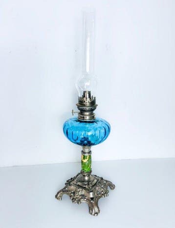 Lampe à pétrole - Plaqué(e) argent, Verre, Pierre
