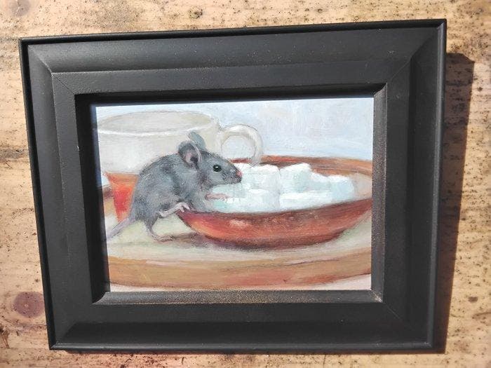 Hans Mijnsbergen (1945) - Muisje bij de suikerklontjes, Antiquités & Art, Art | Peinture | Classique