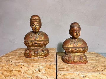 Paar houten vergulde tempelfiguren – 34 cm - Myanmar -