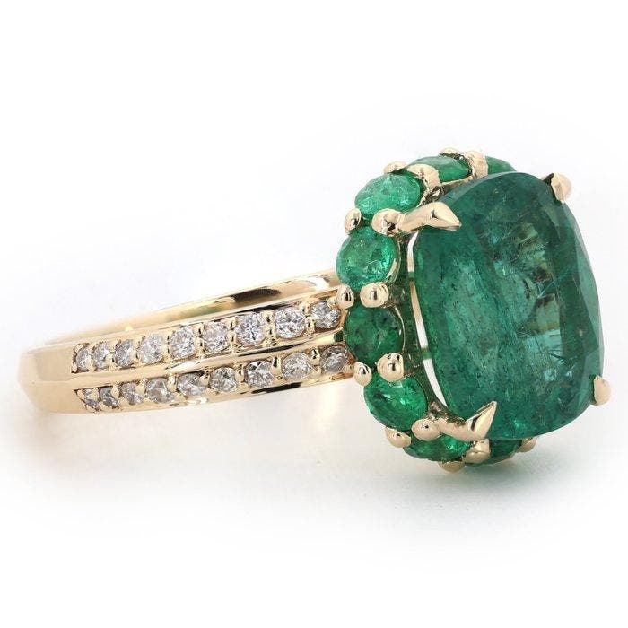 Statement ring - 14 karaat Geel goud - 3.51ct. tw. Smaragd -, Handtassen en Accessoires, Antieke sieraden