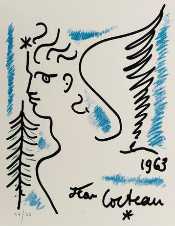 Jean Cocteau (1889-1963) - Portrait ailé - Lithographie