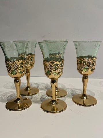 Drinkglas (7) - Glas, Verguld, Kristal - Vintage