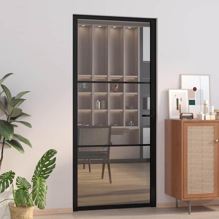 vidaXL Binnendeur 93x201,5 cm ESG-glas en aluminium zwart, Doe-het-zelf en Bouw, Deuren en Vliegenramen, Nieuw, Verzenden