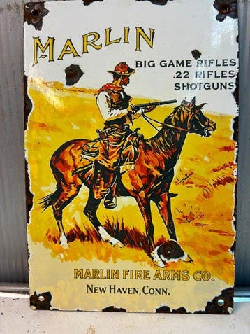 Marlin Firearms – Cowboy te Paard – Emaille Reclamebord -