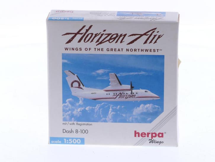 Schaal 1:500 Herpa 510028 Horizon Air Dash 8-100 Reg. N81..., Hobby en Vrije tijd, Modelbouw | Vliegtuigen en Helikopters, Zo goed als nieuw