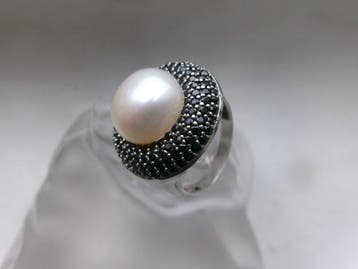 Zilver, parel - Ring - Art Deco-stijl