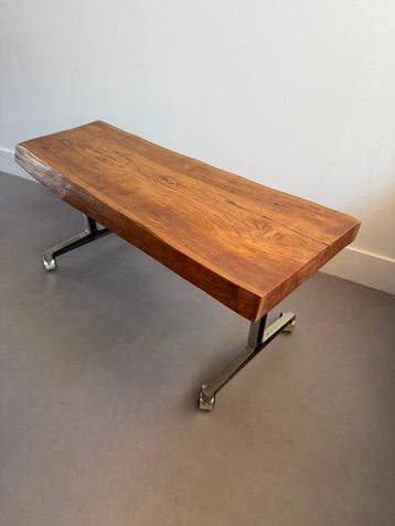Bijzettafel - hard hout, Metaal - Boomstamtafel vintage