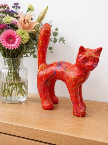 Statue, garden statue cat color red with paint color - 31 cm