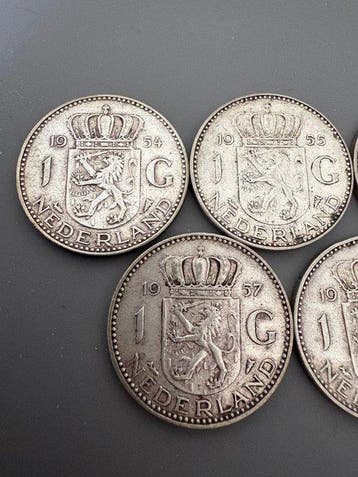 Nederland. Juliana. 1 Gulden 5× zilveren gulden – serie, Postzegels en Munten