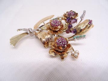 Broche - 9 carats Or jaune, Or blanc, Pearl Rubis